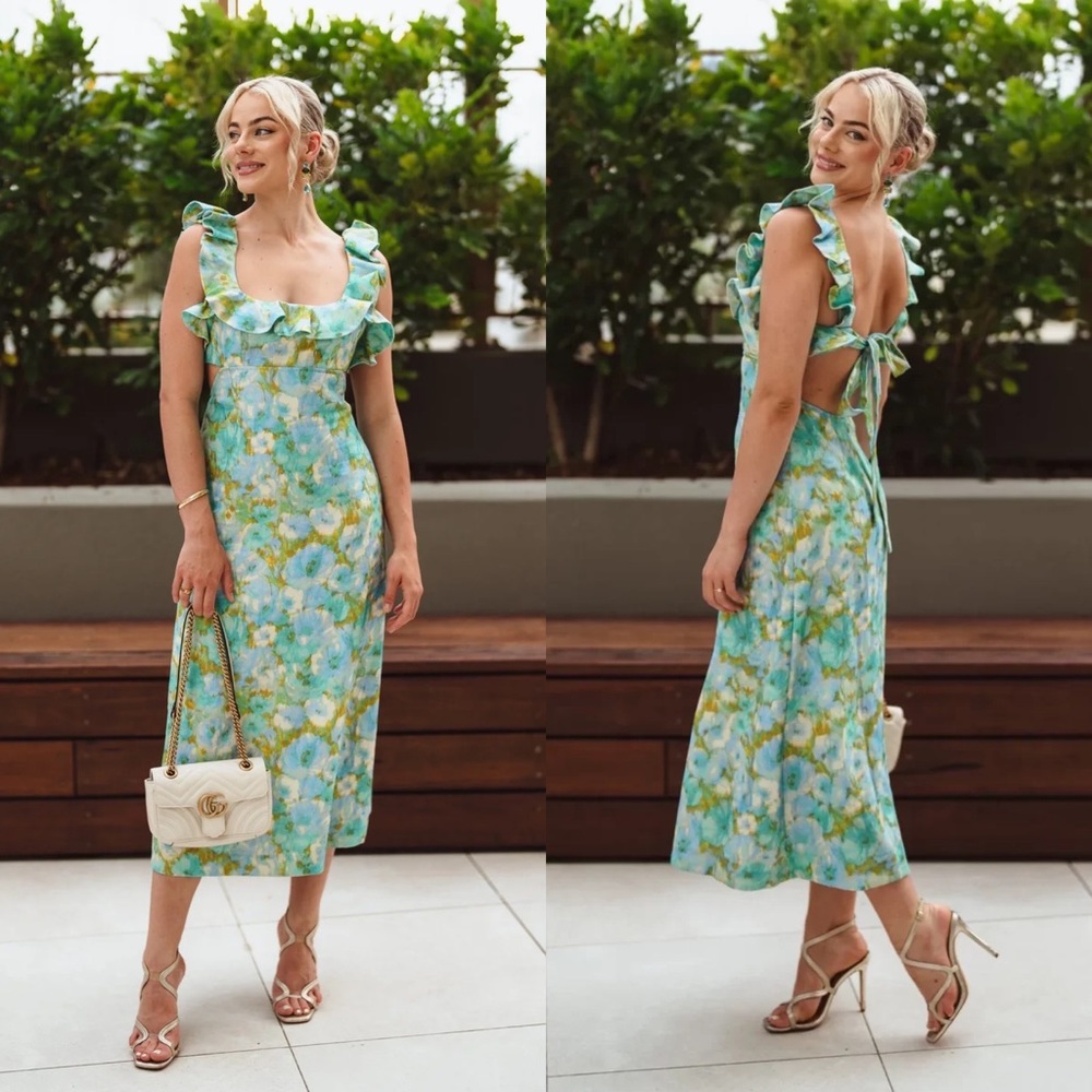 NWT Zimmermann High Tide Ruffle Open Back Floral Linen Midi Dress